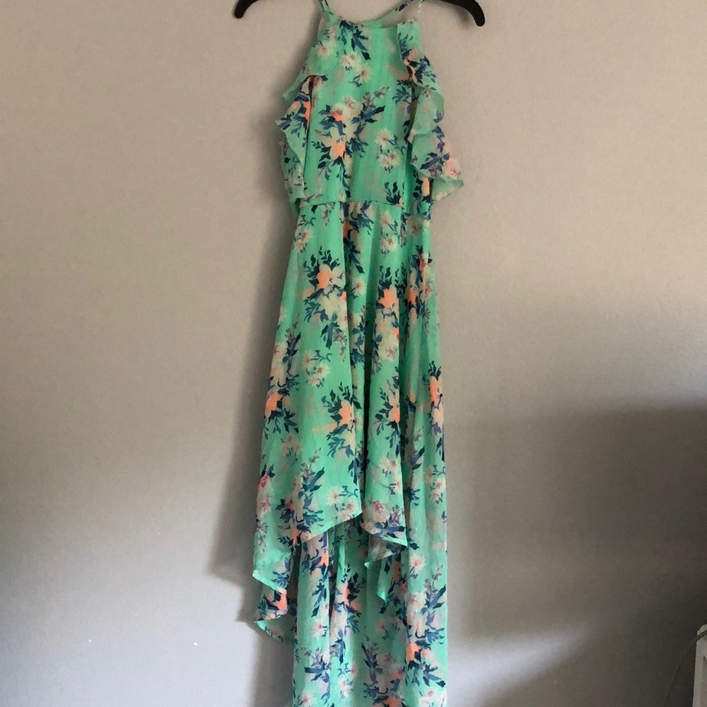 HALTER CUT BLUE FLORAL DRESS HIGH LOW